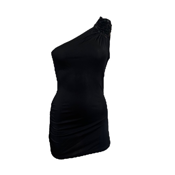 MANGO CASUAL SPORTSWEAR ONE SHOULDER RUS BLACK MINI DRESS VISCOSE IN SIZE SMALL - Picture 2 of 11